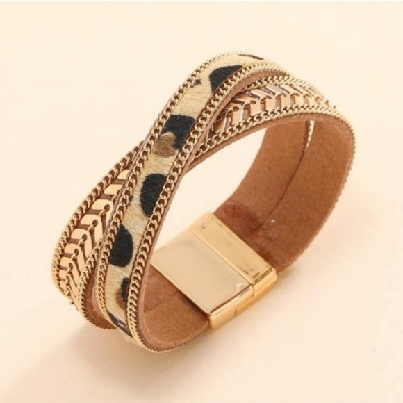 Jewelry - Chain and Leopard Print Layered Bracelet